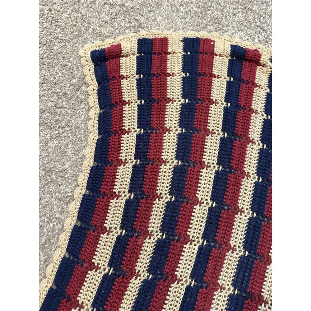 handmade crochet afghan / throw blanket 48x42 Blue Red Cream